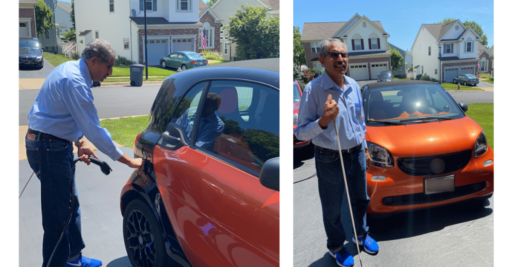 Two photos of Sailesh. One of me feeling for the charting port entry on the car and another with me standing in front of the car with my white cane.