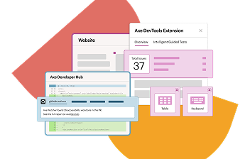 Illustrations of Axe DevTools for Web tools including Axe Developer Hub and Axe DevTools Extension.