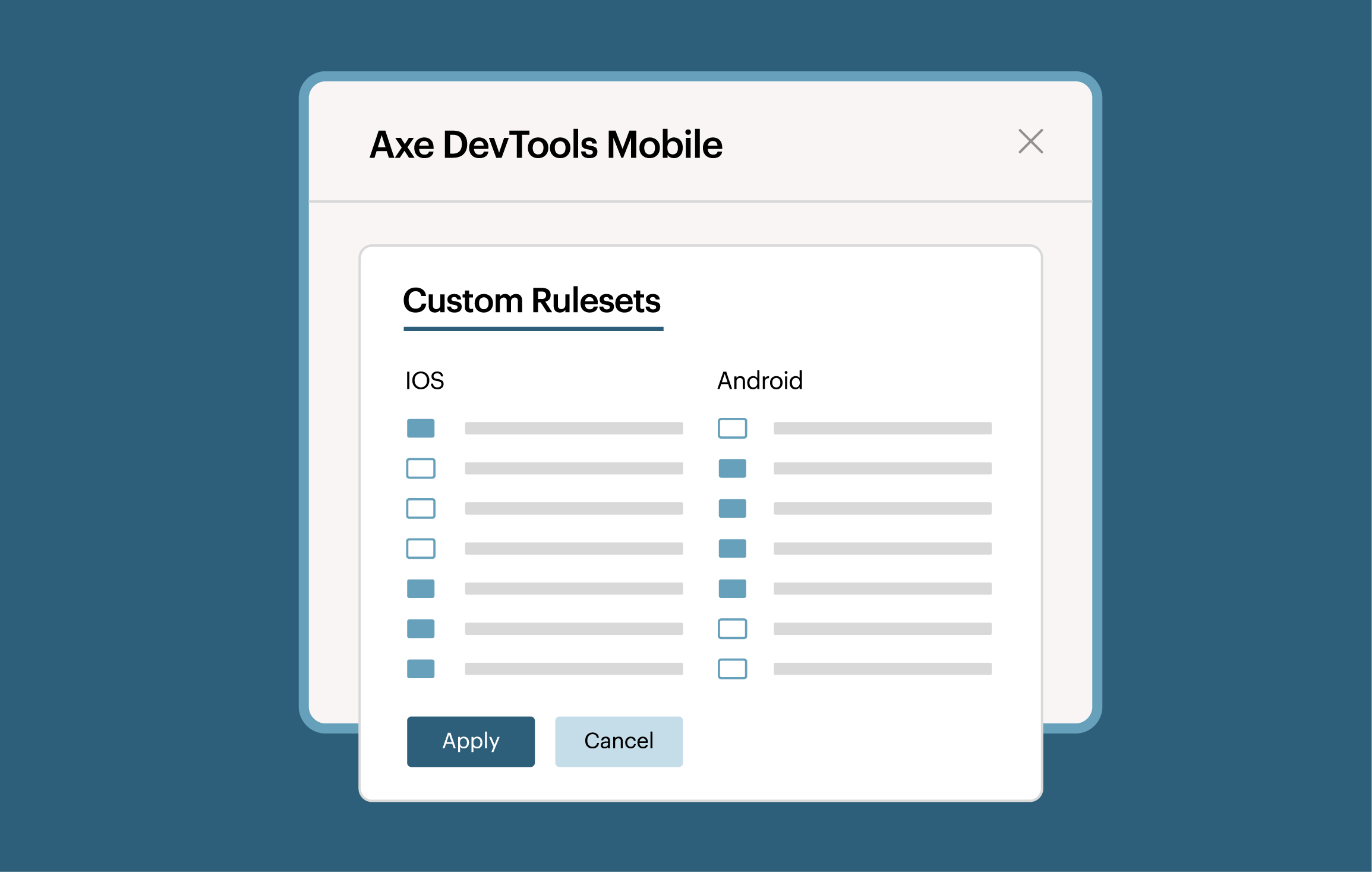 Axe DevTools Mobile custom rulesets with a checkbox list for iOS and Android.