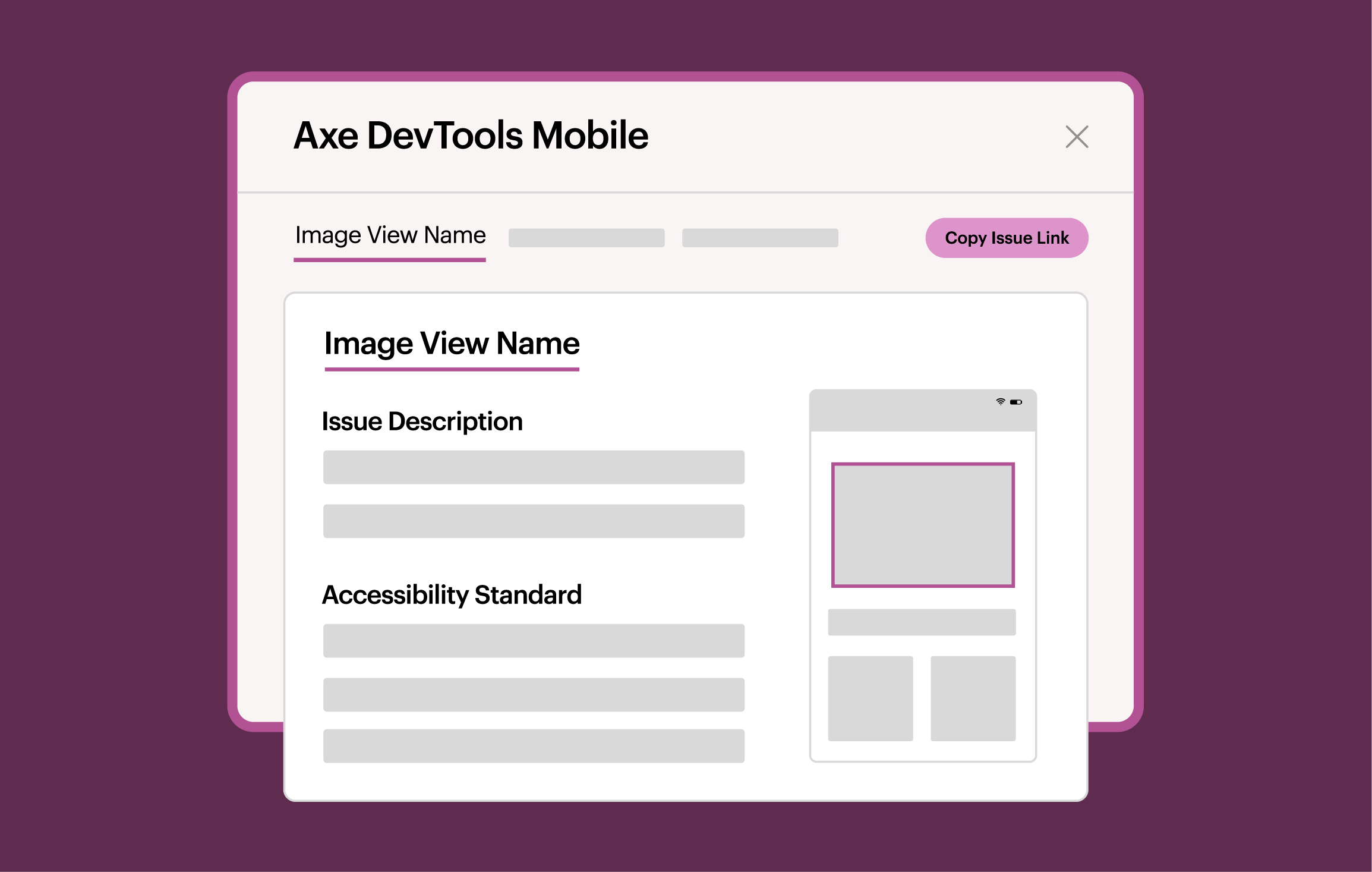Axe DevTools Mobile detailing the issue description and accessibility standard tested.